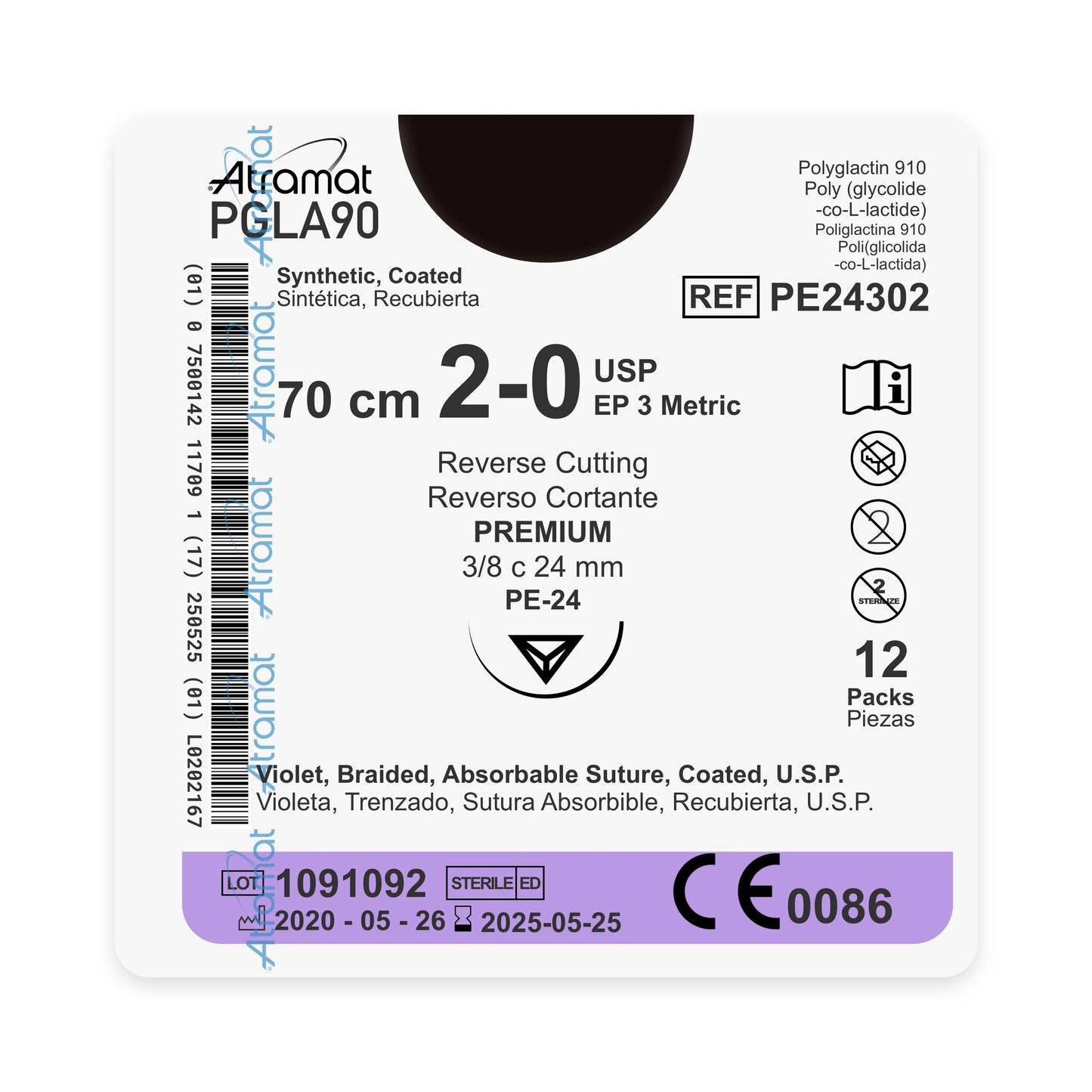 PGA Sutura de ácido poliglicolico violeta 2-0 con aguja 3/8 24 mm reverso cortante