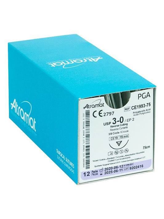 PGA Sutura de ácido poliglicolico incoloro 3-0 con aguja 3/8 19 mm reverso cortante
