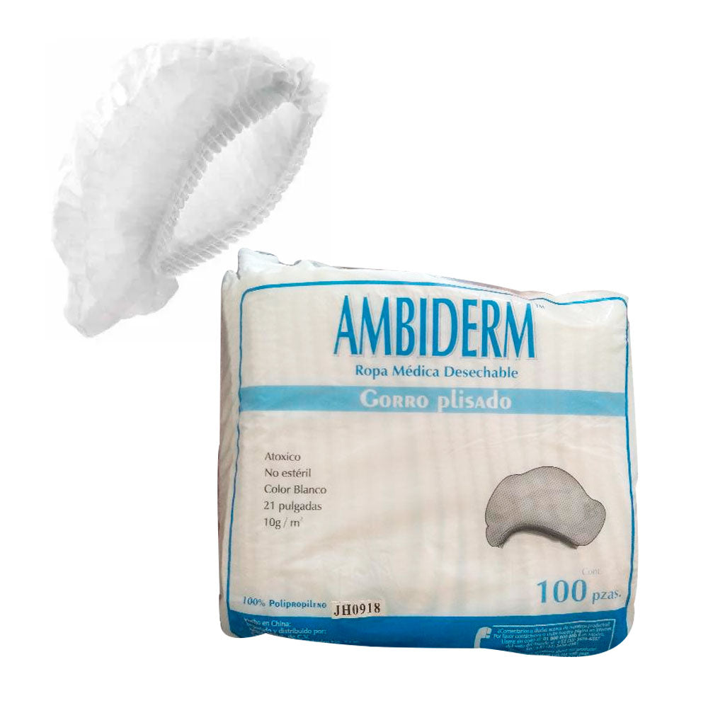 Gorro plisado Ambiderm. Azul o Blanco. Paquete con 100 pz.