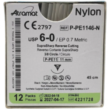 Sutura Atramat Nylon 6-0 reverso cortante 11 mm 3/8 de círculo caja con 12 suturas