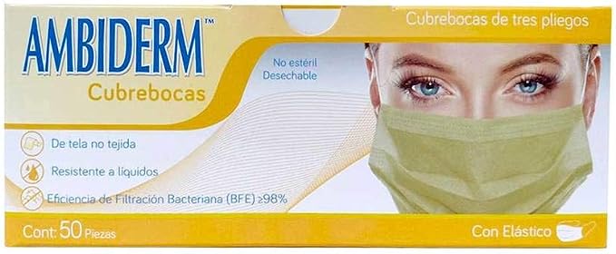 Cubrebocas de tres pliegos con elástico termosellado plisado Ambiderm. Varios colores.