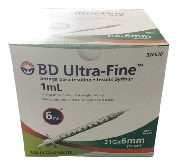 Jeringa para insulina 31G x 6 mm 1 ml con aguja integrada