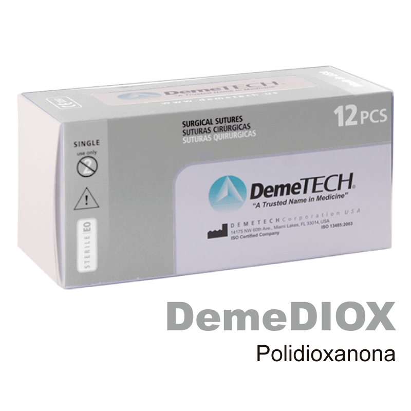 DemeDIOX sutura de polidioxanona 5-0 con aguja 3/8 13 mm doble aguja ahusada caja con 12 piezas