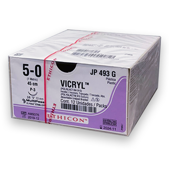 VICRYL Sutura de ácido poliglicolico 5-0 LONG. 45 CM AGUJA P3 (13 MM) 3/8 CIRCULO "REVERSO CORTANTE" PLASTICA