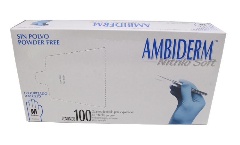 Guantes de nitrilo soft Ambiderm para exploración no estériles caja con 100 piezas varios colores.