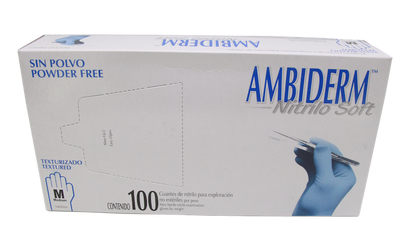 Guantes de nitrilo soft Ambiderm para exploración no estériles caja con 100 piezas varios colores.